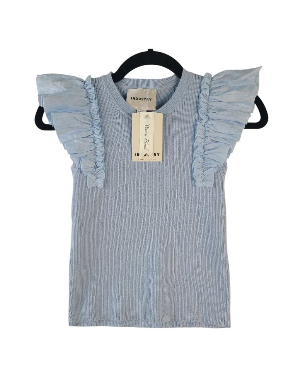 NEW Industry Women's Blue Ruffle Sleeve Knit Top Size S Viscose Blend